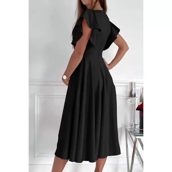 imagePRETTYGARDEN Womens 2024 Summer Midi Dress Ruffle Cap Sleeve V Neck Swing A Line Cocktail Party DressesBlack