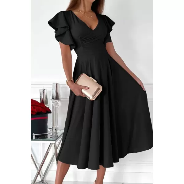 imagePRETTYGARDEN Womens 2024 Summer Midi Dress Ruffle Cap Sleeve V Neck Swing A Line Cocktail Party DressesBlack