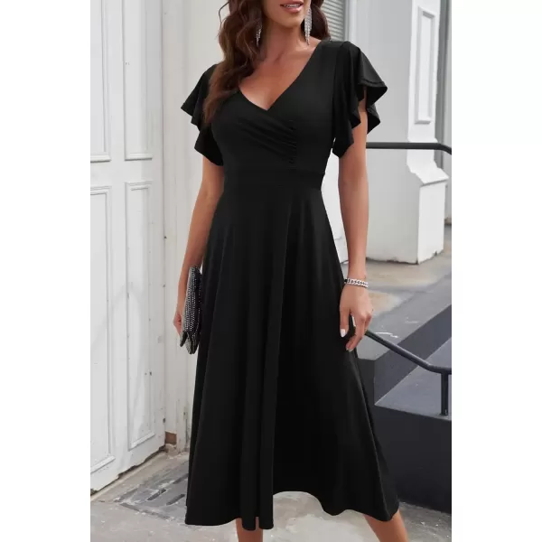 imagePRETTYGARDEN Womens 2024 Summer Midi Dress Ruffle Cap Sleeve V Neck Swing A Line Cocktail Party DressesBlack
