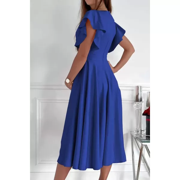 imagePRETTYGARDEN Womens 2024 Summer Midi Dress Ruffle Cap Sleeve V Neck Swing A Line Cocktail Party DressesBlue
