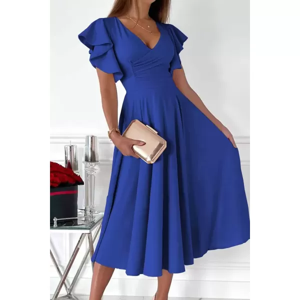 imagePRETTYGARDEN Womens 2024 Summer Midi Dress Ruffle Cap Sleeve V Neck Swing A Line Cocktail Party DressesBlue