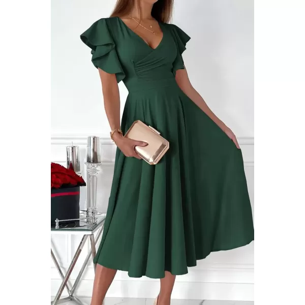 imagePRETTYGARDEN Womens 2024 Summer Midi Dress Ruffle Cap Sleeve V Neck Swing A Line Cocktail Party DressesDark Green