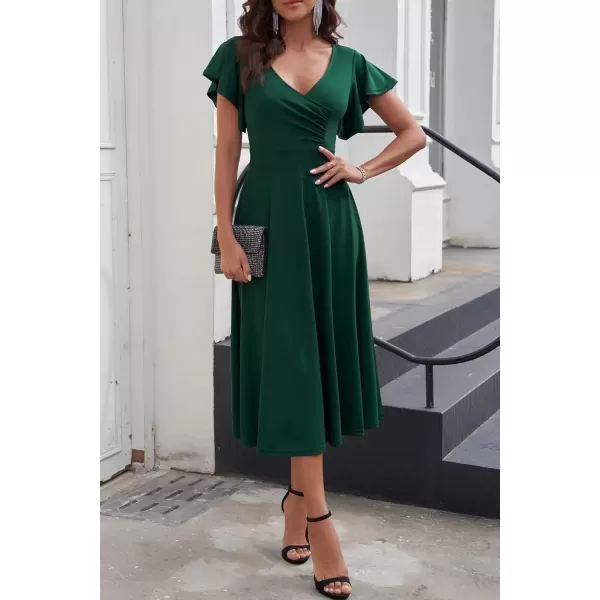 imagePRETTYGARDEN Womens 2024 Summer Midi Dress Ruffle Cap Sleeve V Neck Swing A Line Cocktail Party DressesDark Green