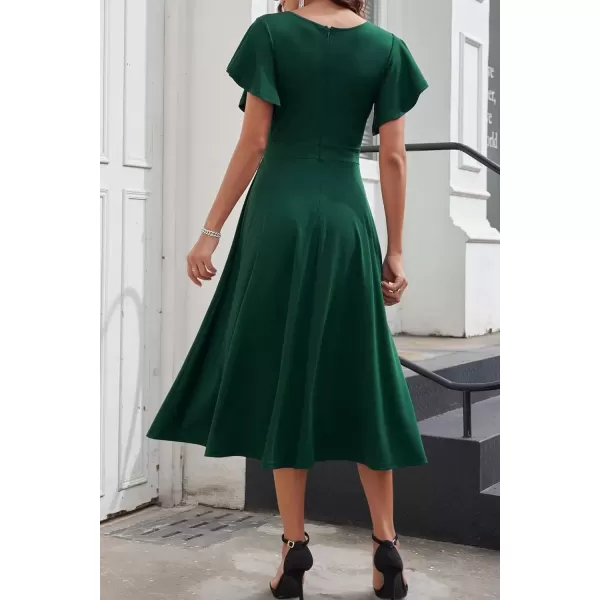imagePRETTYGARDEN Womens 2024 Summer Midi Dress Ruffle Cap Sleeve V Neck Swing A Line Cocktail Party DressesDark Green