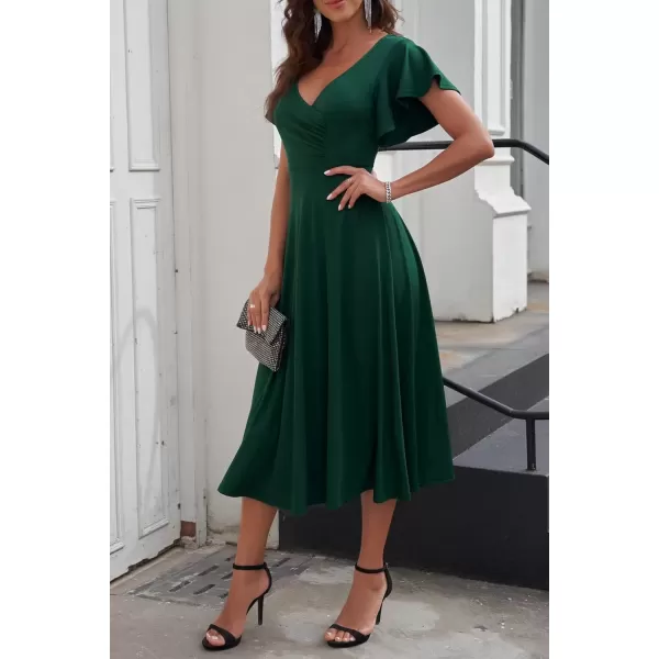 imagePRETTYGARDEN Womens 2024 Summer Midi Dress Ruffle Cap Sleeve V Neck Swing A Line Cocktail Party DressesDark Green