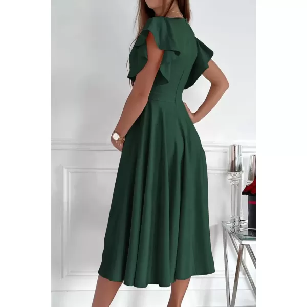 imagePRETTYGARDEN Womens 2024 Summer Midi Dress Ruffle Cap Sleeve V Neck Swing A Line Cocktail Party DressesDark Green