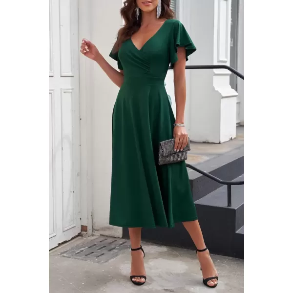 imagePRETTYGARDEN Womens 2024 Summer Midi Dress Ruffle Cap Sleeve V Neck Swing A Line Cocktail Party DressesDark Green