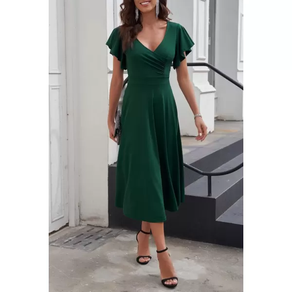 imagePRETTYGARDEN Womens 2024 Summer Midi Dress Ruffle Cap Sleeve V Neck Swing A Line Cocktail Party DressesDark Green