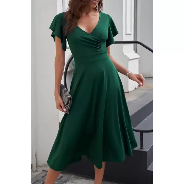 imagePRETTYGARDEN Womens 2024 Summer Midi Dress Ruffle Cap Sleeve V Neck Swing A Line Cocktail Party DressesDark Green