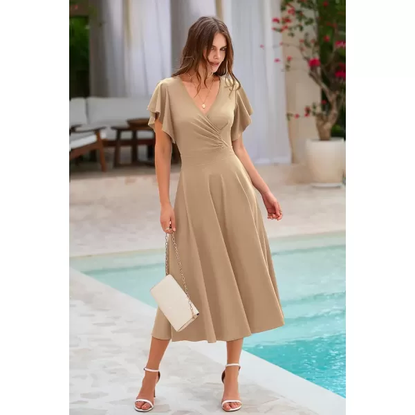 imagePRETTYGARDEN Womens 2024 Summer Midi Dress Ruffle Cap Sleeve V Neck Swing A Line Cocktail Party DressesKhaki