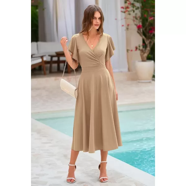imagePRETTYGARDEN Womens 2024 Summer Midi Dress Ruffle Cap Sleeve V Neck Swing A Line Cocktail Party DressesKhaki