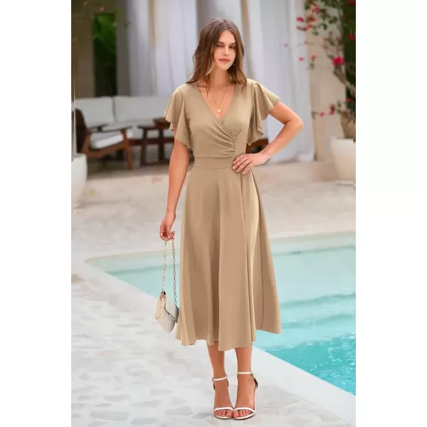 imagePRETTYGARDEN Womens 2024 Summer Midi Dress Ruffle Cap Sleeve V Neck Swing A Line Cocktail Party DressesKhaki