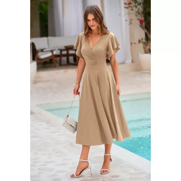 imagePRETTYGARDEN Womens 2024 Summer Midi Dress Ruffle Cap Sleeve V Neck Swing A Line Cocktail Party DressesKhaki