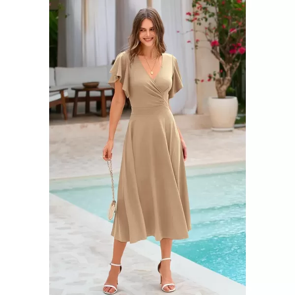 imagePRETTYGARDEN Womens 2024 Summer Midi Dress Ruffle Cap Sleeve V Neck Swing A Line Cocktail Party DressesKhaki