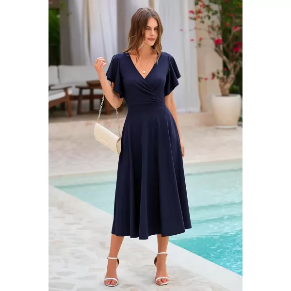 imagePRETTYGARDEN Womens 2024 Summer Midi Dress Ruffle Cap Sleeve V Neck Swing A Line Cocktail Party DressesNavy