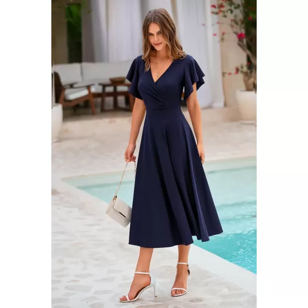 imagePRETTYGARDEN Womens 2024 Summer Midi Dress Ruffle Cap Sleeve V Neck Swing A Line Cocktail Party DressesNavy
