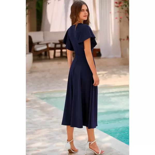imagePRETTYGARDEN Womens 2024 Summer Midi Dress Ruffle Cap Sleeve V Neck Swing A Line Cocktail Party DressesNavy