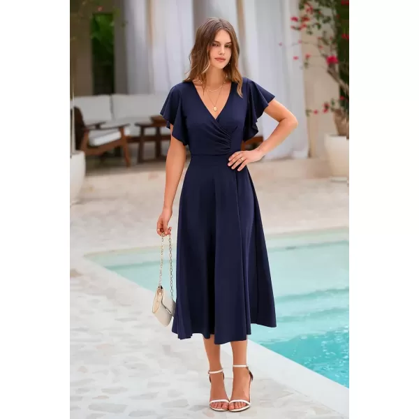imagePRETTYGARDEN Womens 2024 Summer Midi Dress Ruffle Cap Sleeve V Neck Swing A Line Cocktail Party DressesNavy