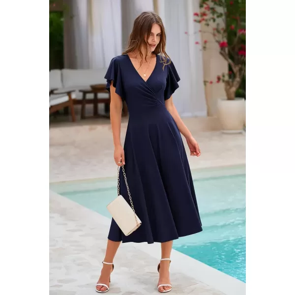 imagePRETTYGARDEN Womens 2024 Summer Midi Dress Ruffle Cap Sleeve V Neck Swing A Line Cocktail Party DressesNavy
