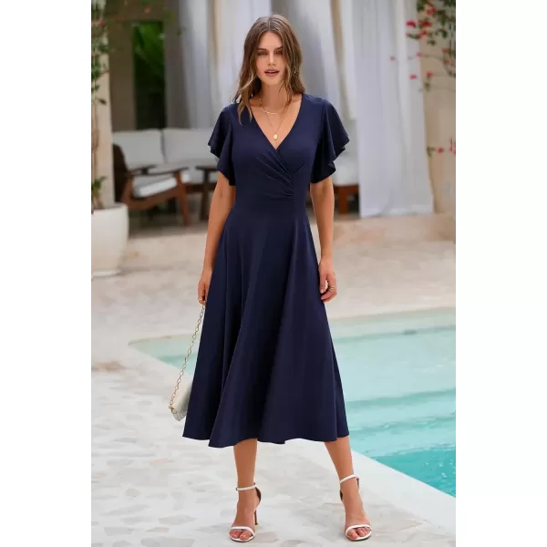 imagePRETTYGARDEN Womens 2024 Summer Midi Dress Ruffle Cap Sleeve V Neck Swing A Line Cocktail Party DressesNavy