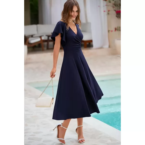 imagePRETTYGARDEN Womens 2024 Summer Midi Dress Ruffle Cap Sleeve V Neck Swing A Line Cocktail Party DressesNavy