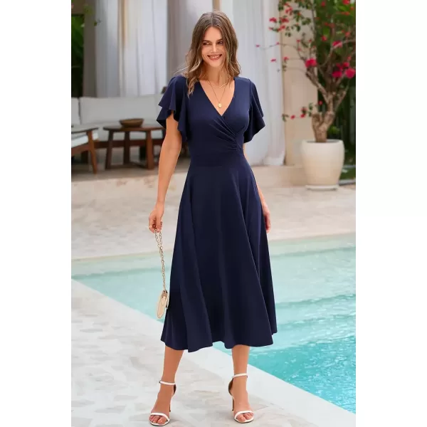 imagePRETTYGARDEN Womens 2024 Summer Midi Dress Ruffle Cap Sleeve V Neck Swing A Line Cocktail Party DressesNavy