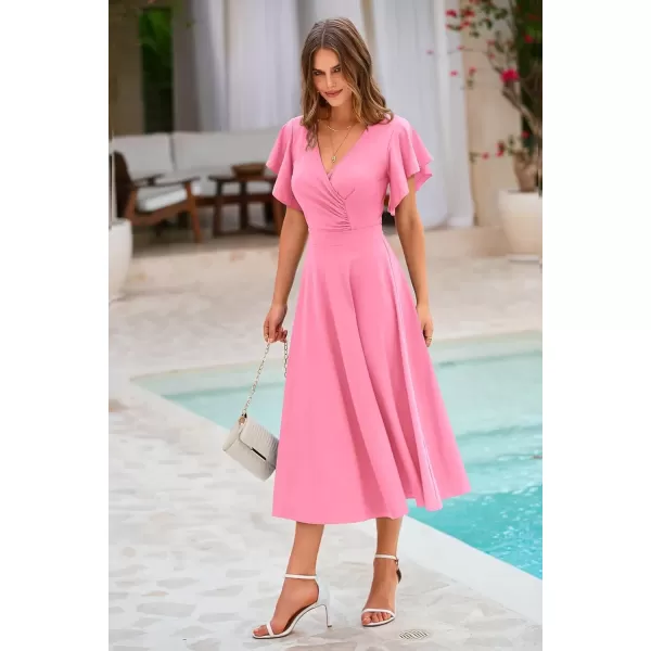 imagePRETTYGARDEN Womens 2024 Summer Midi Dress Ruffle Cap Sleeve V Neck Swing A Line Cocktail Party DressesPink