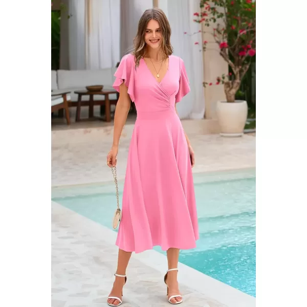 imagePRETTYGARDEN Womens 2024 Summer Midi Dress Ruffle Cap Sleeve V Neck Swing A Line Cocktail Party DressesPink