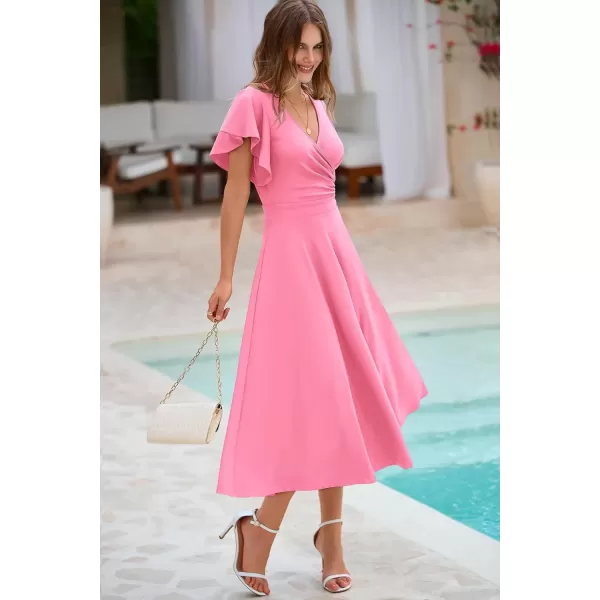 imagePRETTYGARDEN Womens 2024 Summer Midi Dress Ruffle Cap Sleeve V Neck Swing A Line Cocktail Party DressesPink
