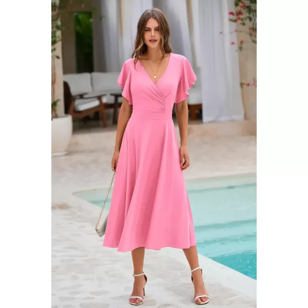 imagePRETTYGARDEN Womens 2024 Summer Midi Dress Ruffle Cap Sleeve V Neck Swing A Line Cocktail Party DressesPink