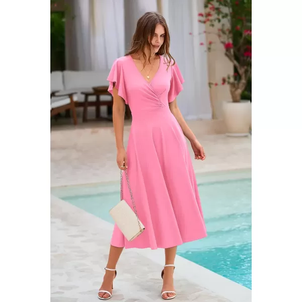 imagePRETTYGARDEN Womens 2024 Summer Midi Dress Ruffle Cap Sleeve V Neck Swing A Line Cocktail Party DressesPink