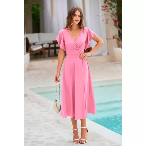 imagePRETTYGARDEN Womens 2024 Summer Midi Dress Ruffle Cap Sleeve V Neck Swing A Line Cocktail Party DressesPink