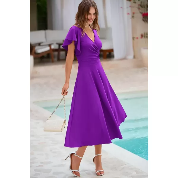 imagePRETTYGARDEN Womens 2024 Summer Midi Dress Ruffle Cap Sleeve V Neck Swing A Line Cocktail Party DressesPurple
