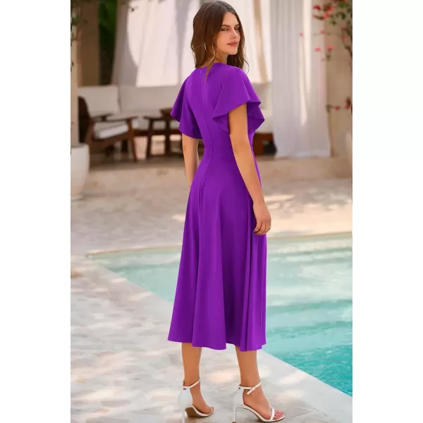 imagePRETTYGARDEN Womens 2024 Summer Midi Dress Ruffle Cap Sleeve V Neck Swing A Line Cocktail Party DressesPurple