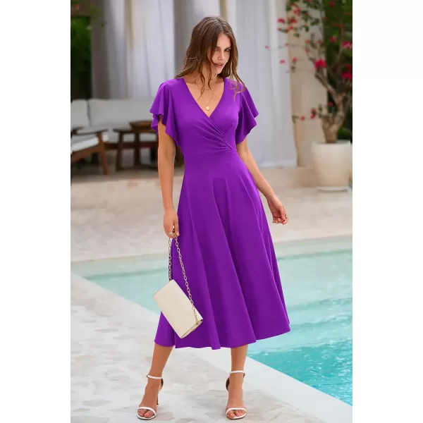 imagePRETTYGARDEN Womens 2024 Summer Midi Dress Ruffle Cap Sleeve V Neck Swing A Line Cocktail Party DressesPurple
