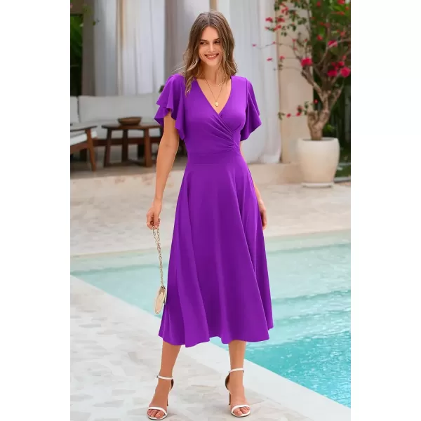 imagePRETTYGARDEN Womens 2024 Summer Midi Dress Ruffle Cap Sleeve V Neck Swing A Line Cocktail Party DressesPurple