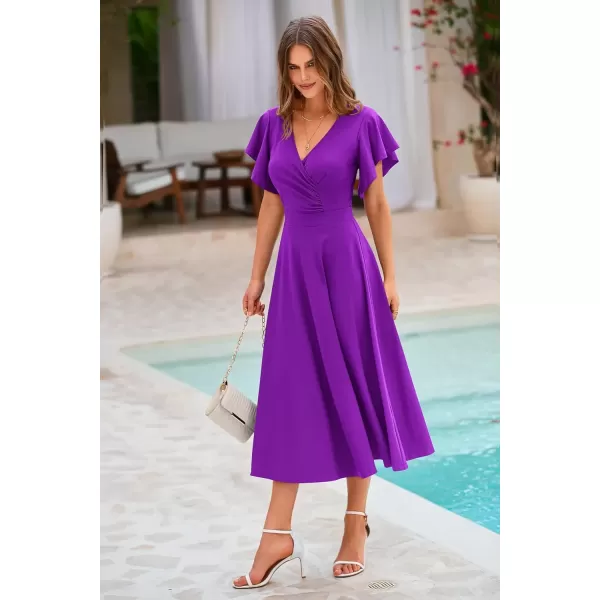 imagePRETTYGARDEN Womens 2024 Summer Midi Dress Ruffle Cap Sleeve V Neck Swing A Line Cocktail Party DressesPurple