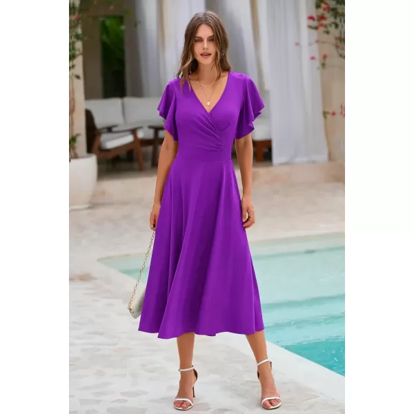 imagePRETTYGARDEN Womens 2024 Summer Midi Dress Ruffle Cap Sleeve V Neck Swing A Line Cocktail Party DressesPurple