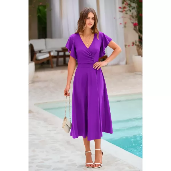 imagePRETTYGARDEN Womens 2024 Summer Midi Dress Ruffle Cap Sleeve V Neck Swing A Line Cocktail Party DressesPurple