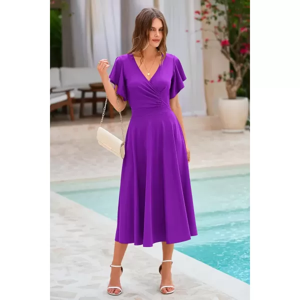 imagePRETTYGARDEN Womens 2024 Summer Midi Dress Ruffle Cap Sleeve V Neck Swing A Line Cocktail Party DressesPurple