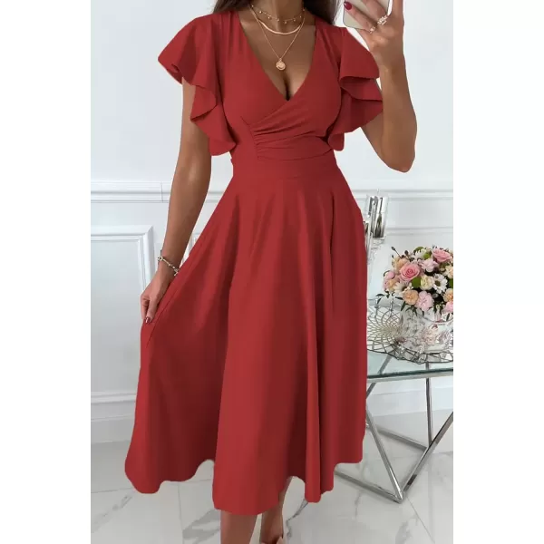 imagePRETTYGARDEN Womens 2024 Summer Midi Dress Ruffle Cap Sleeve V Neck Swing A Line Cocktail Party DressesRed