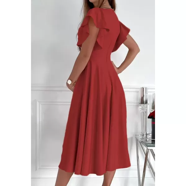 imagePRETTYGARDEN Womens 2024 Summer Midi Dress Ruffle Cap Sleeve V Neck Swing A Line Cocktail Party DressesRed