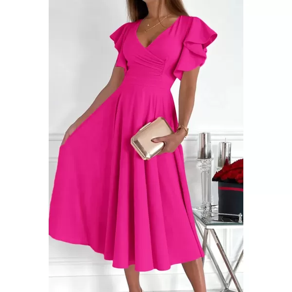 imagePRETTYGARDEN Womens 2024 Summer Midi Dress Ruffle Cap Sleeve V Neck Swing A Line Cocktail Party DressesRose Red