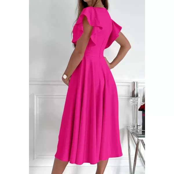 imagePRETTYGARDEN Womens 2024 Summer Midi Dress Ruffle Cap Sleeve V Neck Swing A Line Cocktail Party DressesRose Red