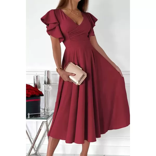 imagePRETTYGARDEN Womens 2024 Summer Midi Dress Ruffle Cap Sleeve V Neck Swing A Line Cocktail Party DressesWine Red