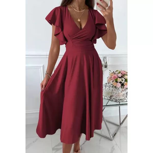 imagePRETTYGARDEN Womens 2024 Summer Midi Dress Ruffle Cap Sleeve V Neck Swing A Line Cocktail Party DressesWine Red