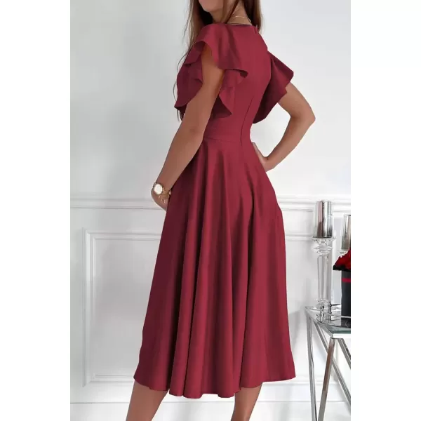 imagePRETTYGARDEN Womens 2024 Summer Midi Dress Ruffle Cap Sleeve V Neck Swing A Line Cocktail Party DressesWine Red