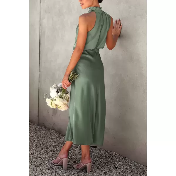 imagePRETTYGARDEN Womens 2024 Summer Satin Dress Elegant Sleeveless Mock Neck Cocktail Party Maxi DressesArmy Green
