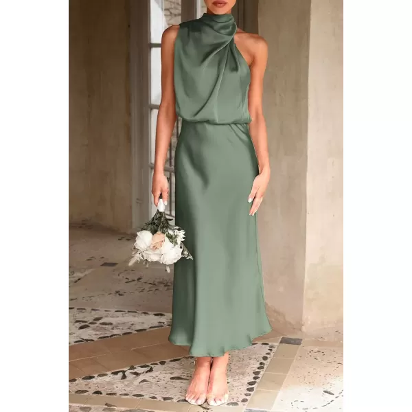 imagePRETTYGARDEN Womens 2024 Summer Satin Dress Elegant Sleeveless Mock Neck Cocktail Party Maxi DressesArmy Green