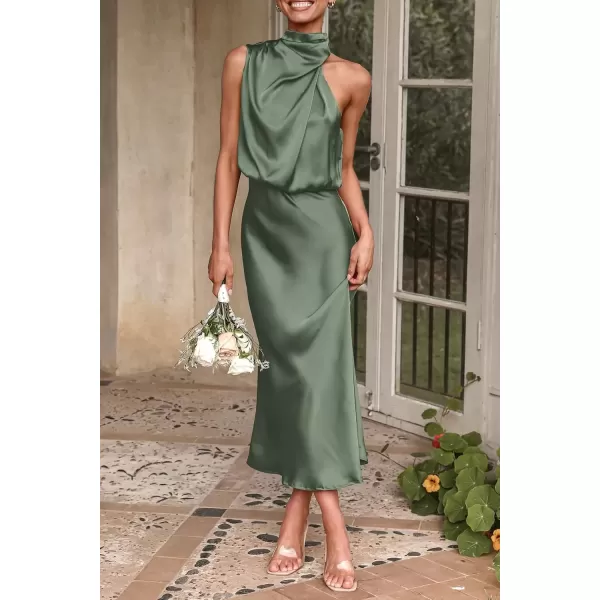imagePRETTYGARDEN Womens 2024 Summer Satin Dress Elegant Sleeveless Mock Neck Cocktail Party Maxi DressesArmy Green